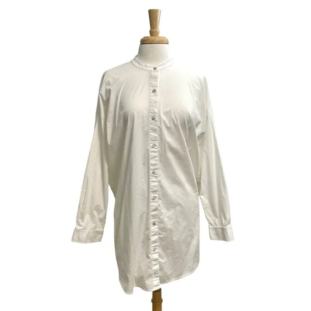 Eileen Fisher Mandarin Collar Button Front Long Sleeve Tunic Top White sz Medium